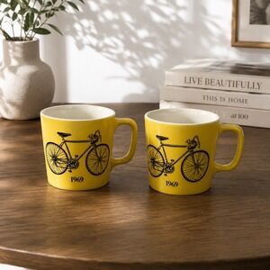 Vintage‎ Style 1969 Bicycle Graphic Coffee Mugs Set of 2 Yellow Ceramic